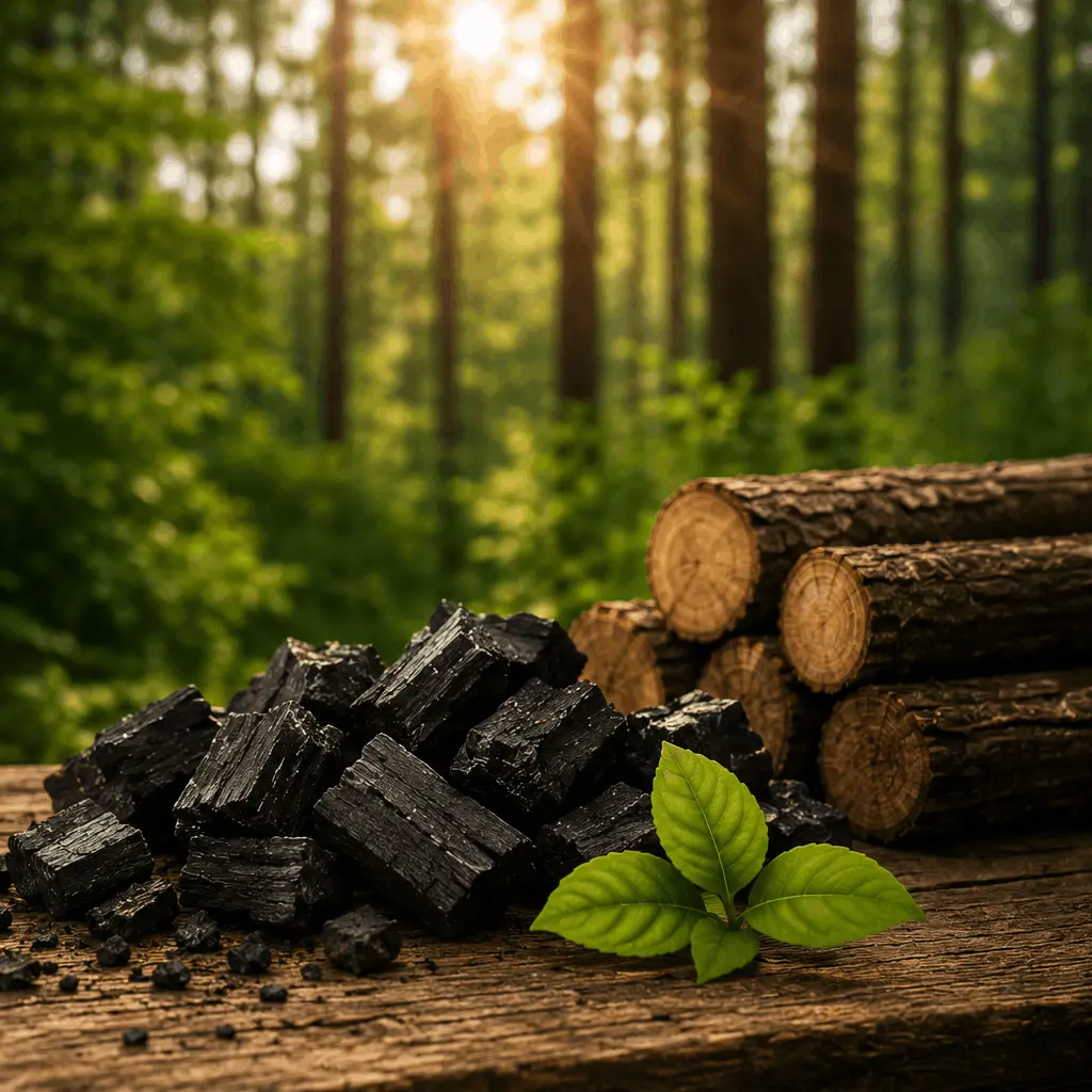 Ein Haufen Grillholzkohle und gestapelte Rundhölzer liegen auf einem Holztisch, dahinter ist ein Wald